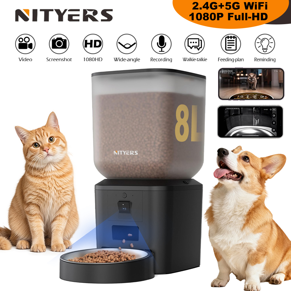 Smart Pet Feeder Camera 1080P Wifi - Nityers 8L Automatic Cat Feeder With